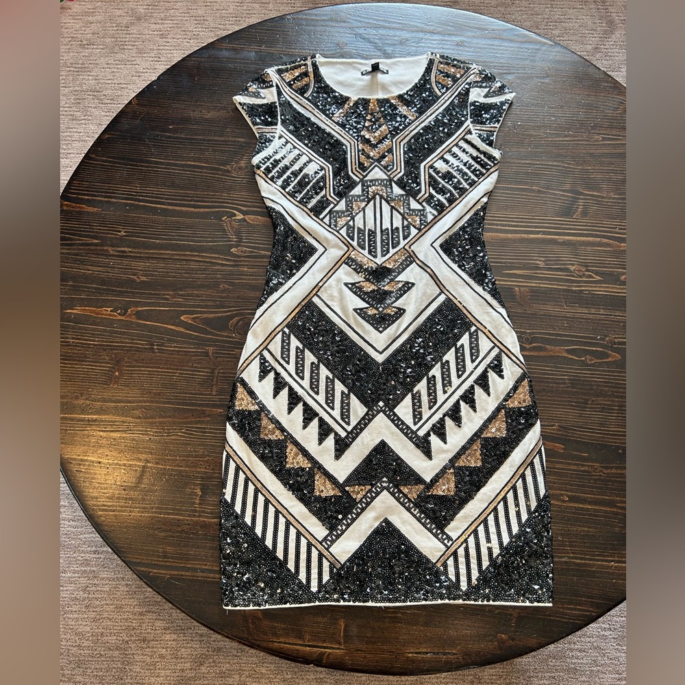 Express Black, White & Gold Geometric Sequin Bodycon Dress